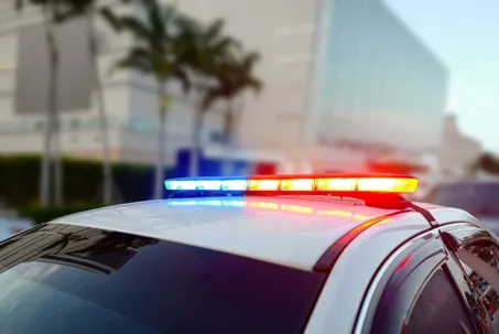 A close-up shot of the roof of a police car with its red and blue emergency light bar illuminated, set against a blurred background of a modern city building and palm trees.