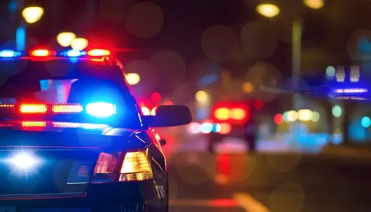 A close-up of a police car at night with its emergency red and blue lights flashing, with a blurry city street and bokeh light effects in the background.