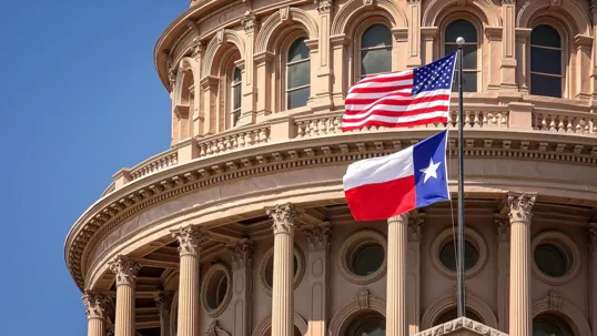 USA and Texas flags on Texas State Capitol - Austin, Texas