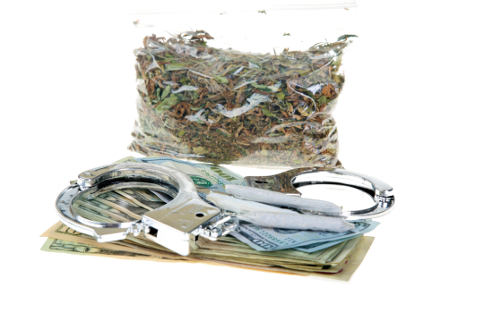 Zipper bag with marijuana. Illegal marijuana drug bust. Dealing Drugs.