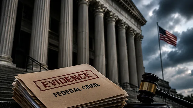 A dramatic close-up of a brown folder stamped with the words "EVIDENCE" and "FEDERAL CRIME" sitting outdoors in the foreground. In the background, a wooden judge's gavel rests next to a large government or courthouse building with classical stone columns, set against a dark, stormy sky with an American flag flying.