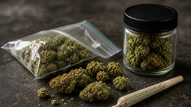 A close-up view of dried cannabis products resting on a dark, textured tabletop. The arrangement features a clear plastic zip-top bag tightly packed with green flower buds on the left, a glass jar with a black lid filled with similar buds on the right, several loose cannabis buds scattered in the center, and a pre-rolled joint lying in the lower right foreground.