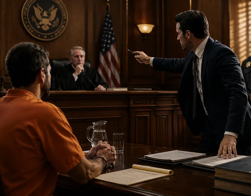 An attorney in a dark suit stands and points dramatically while speaking in a courtroom, as a defendant in an orange jumpsuit sits at a desk in the foreground, with a judge and an American flag visible in the background.