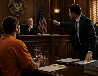 An attorney in a dark suit stands and points dramatically while speaking in a courtroom, as a defendant in an orange jumpsuit sits at a desk in the foreground, with a judge and an American flag visible in the background.
